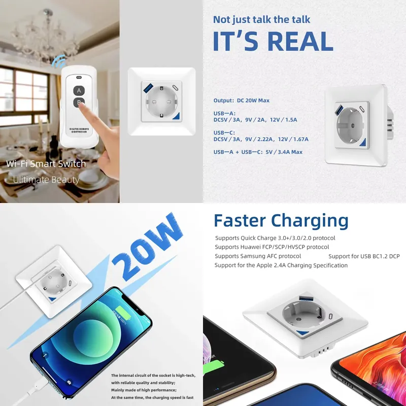 Wifi Smart Plug - รีโมทคอนโทรลอัจฉริยะแบบแอปพลิเคชัน มาตรฐาน EU กำลังไฟ 16A ปลั๊กไฟอัจฉริยะแบบติดผนังพร้อมพอร์ต